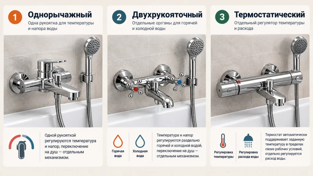 Однорычажный, двухрукояточный и термостатический смесители