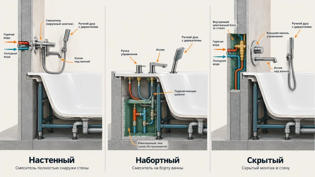 Настенный, набортный и скрытый смесители для ванны
