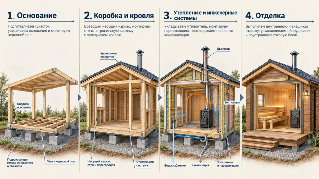 Основные этапы строительства бани своими руками