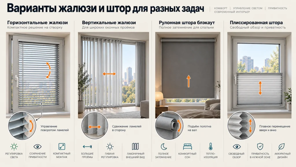 Выбор жалюзи для разных типов окон
