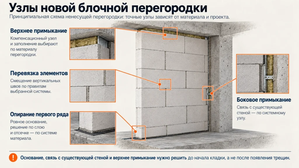 Основные узлы блочной межкомнатной перегородки