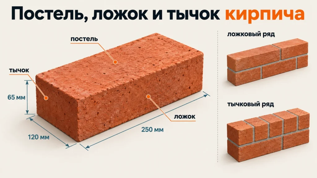 Постель, ложок и тычок кирпича с размерами