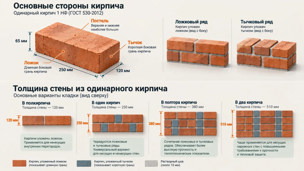 Толщина кирпичной кладки от половины до двух кирпичей