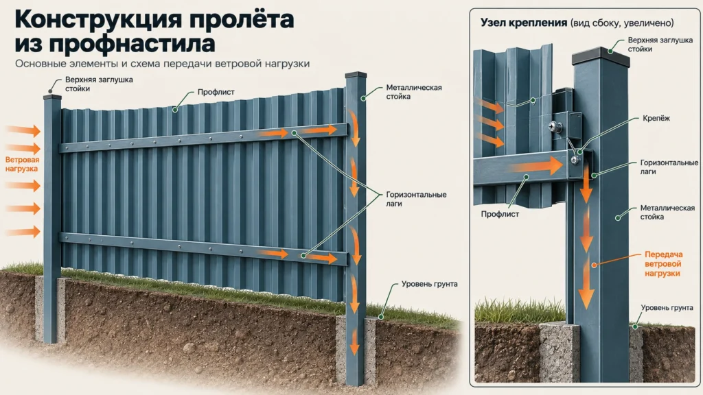 Устройство забора из профнастила со стойками и лагами