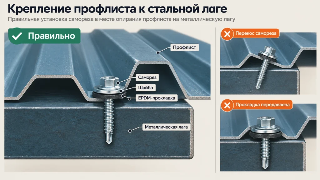 Как крепить профнастил саморезами к металлической лаге