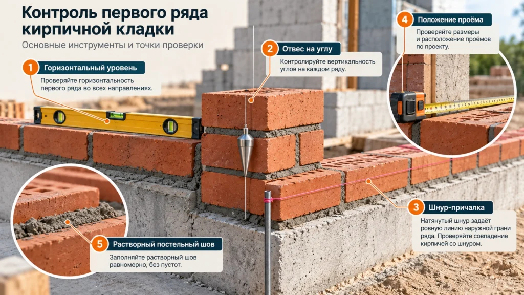 Контроль первого ряда кирпичной кладки уровнем и шнуром