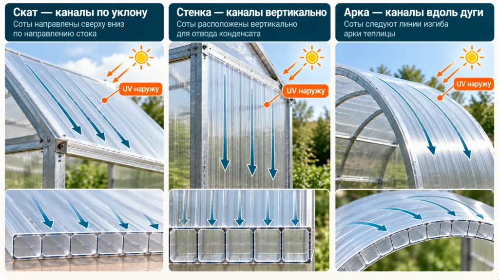 Правильное направление сот поликарбоната на теплице