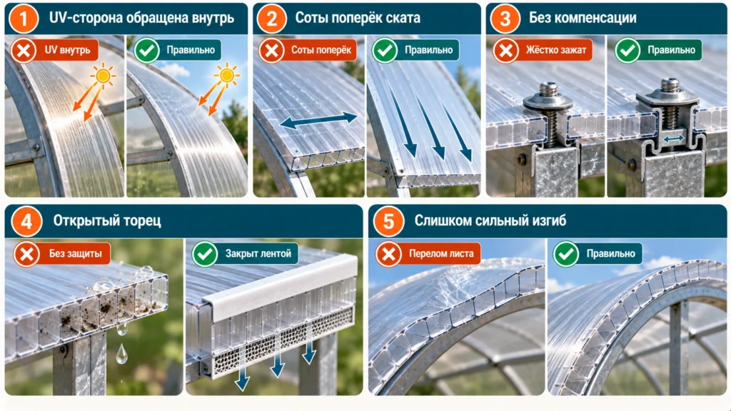 Ошибки при монтаже поликарбоната на теплицу