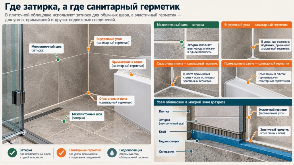 Где использовать затирку, а где силиконовый герметик в ванной