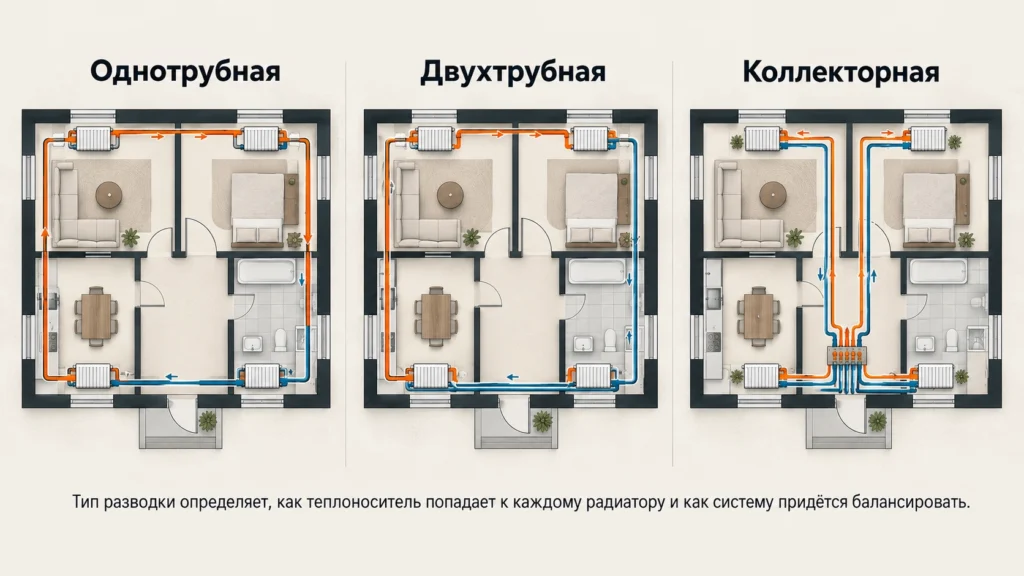 Однотрубная, двухтрубная и коллекторная схемы отопления