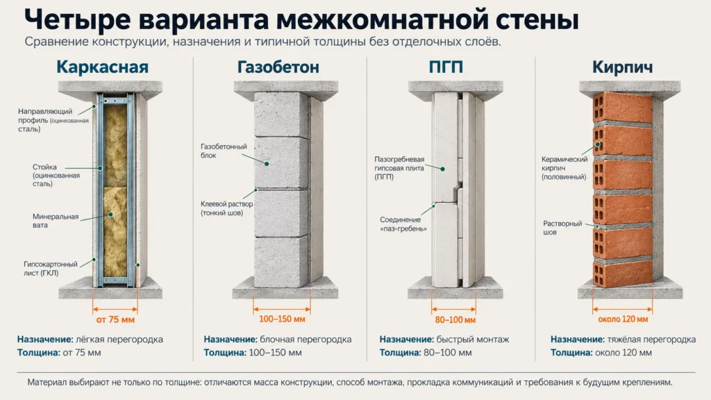 Каркасная, газобетонная, гипсовая и кирпичная перегородка