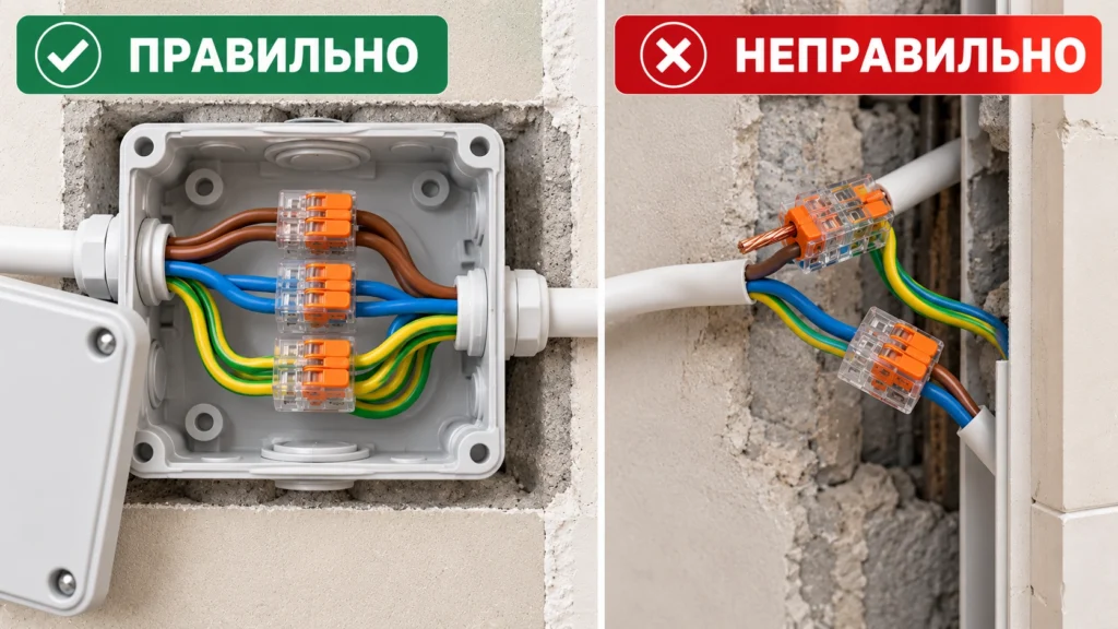 Правильное размещение соединения кабеля в распределительной коробке