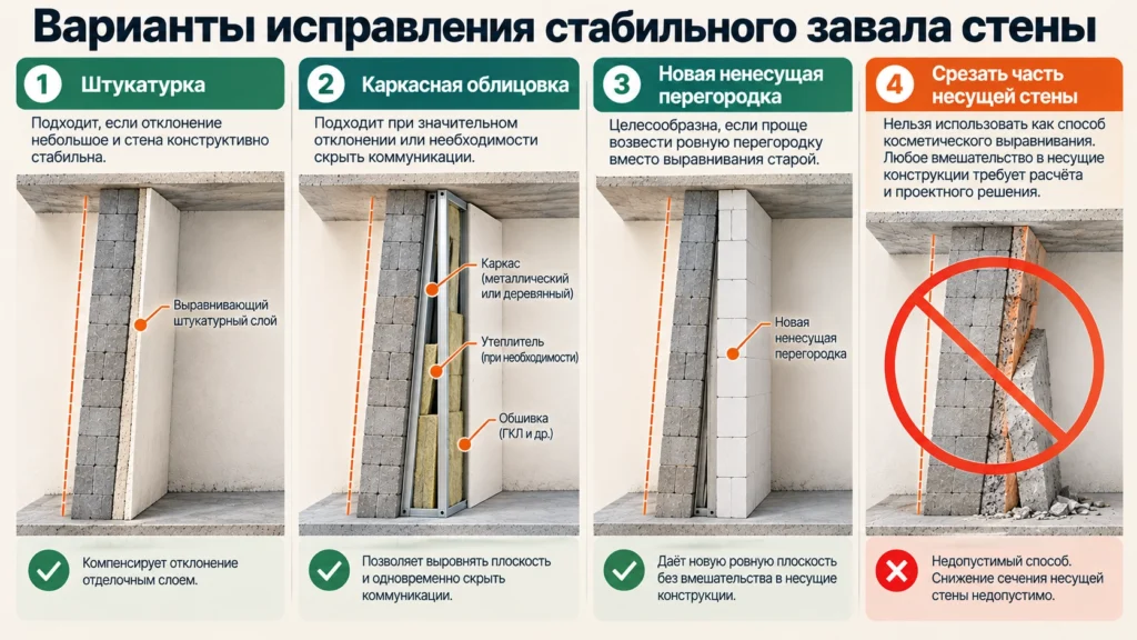 Способы исправления стены с отклонением от вертикали