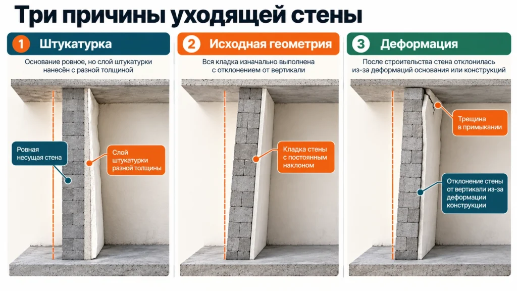 Причины отклонения стены от вертикали