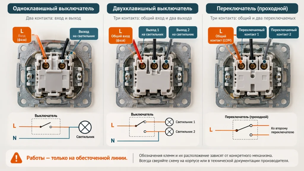 Обозначения клемм на выключателе света