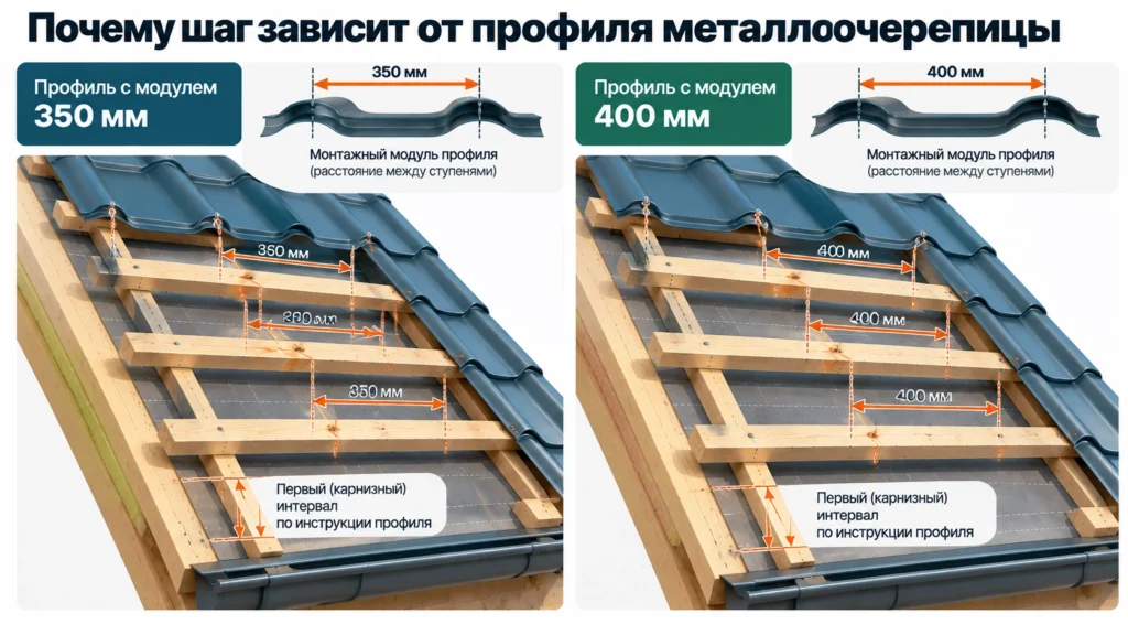 Шаг обрешетки под металлочерепицу 350 и 400 мм