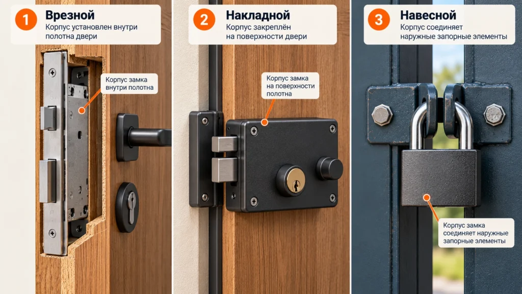 Отличие врезного, накладного и навесного дверного замка