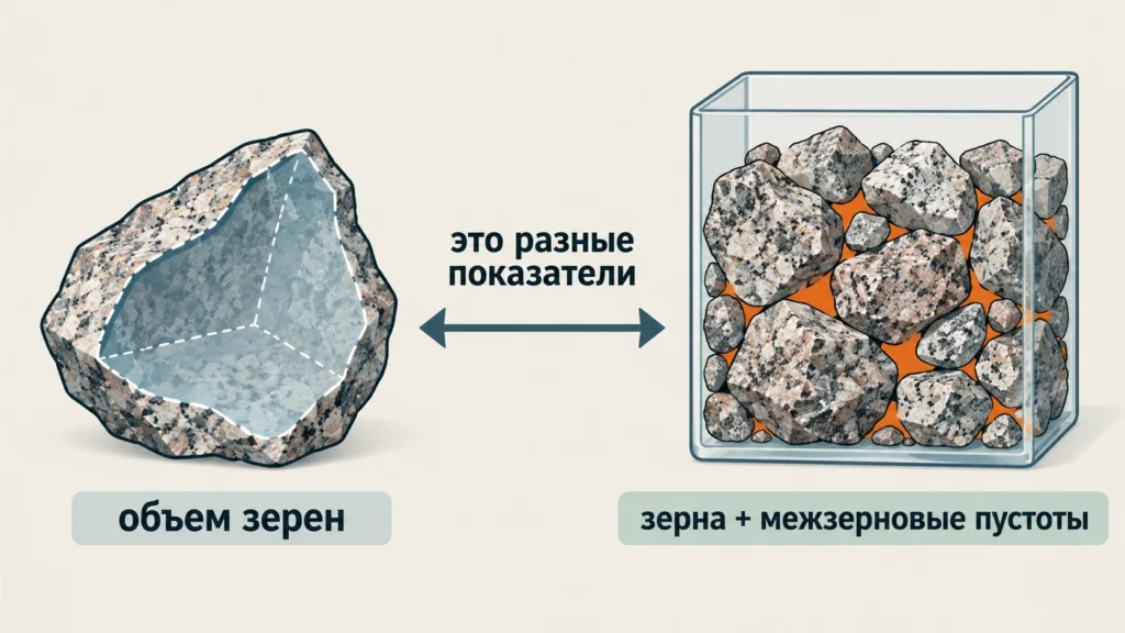 Разница между плотностью зерен и насыпной плотностью щебня