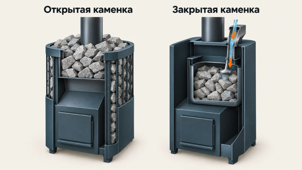 Отличие открытой и закрытой каменки банной печи