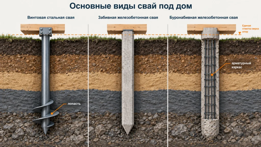 Винтовая забивная и буронабивная сваи в разрезе грунта