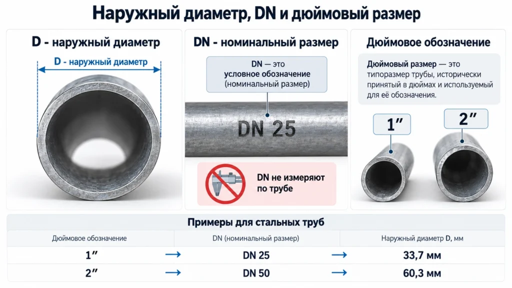 Разница между наружным диаметром трубы, DN и размером в дюймах