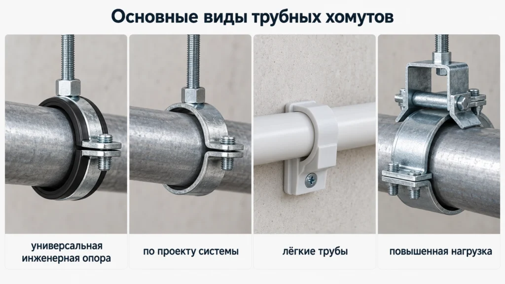 Виды хомутов для крепления труб