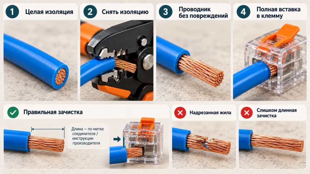 Подготовка жилы кабеля перед подключением к клемме
