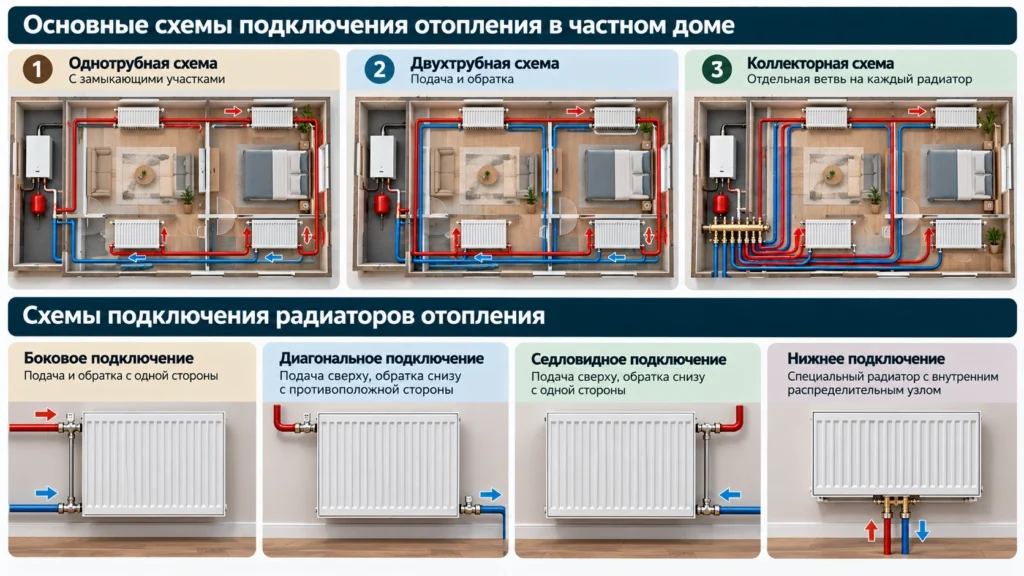 Боковое, диагональное и нижнее подключение радиатора