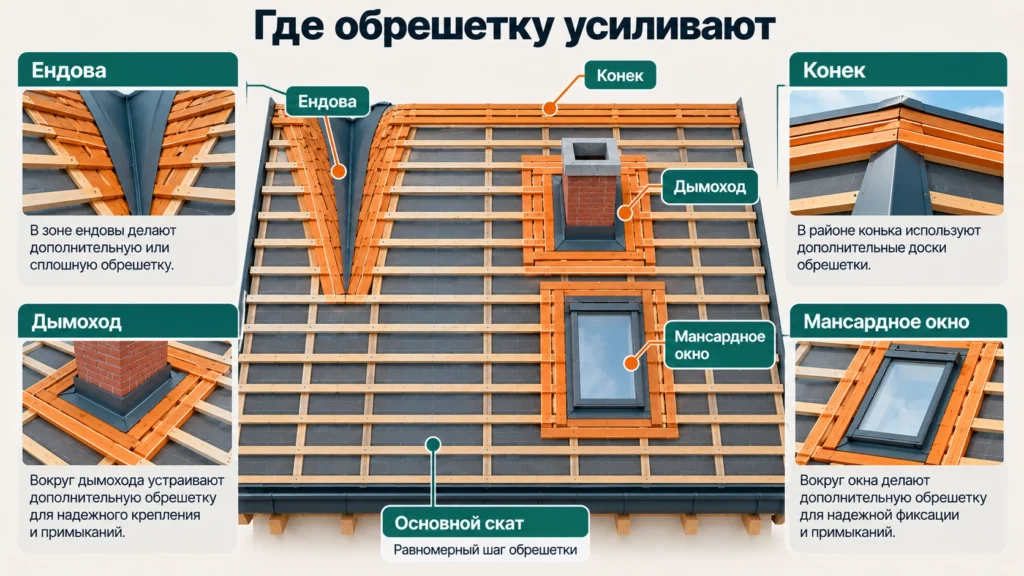 Места усиления обрешетки на крыше