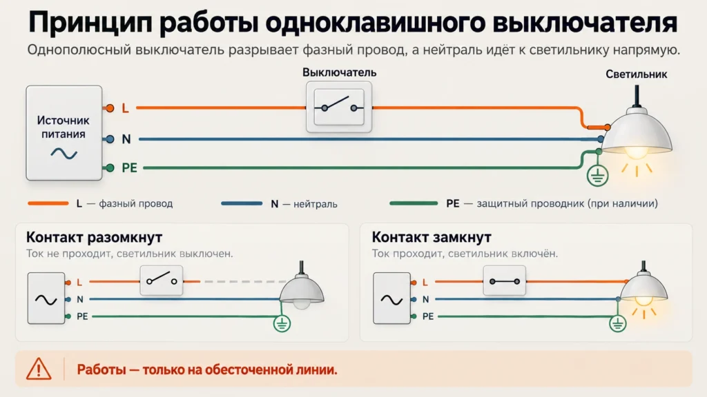 Схема подключения одноклавишного выключателя света