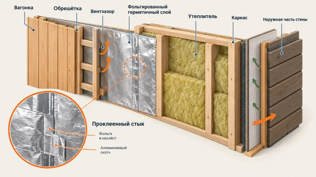 Слои утеплённой стены парной в каркасной бане