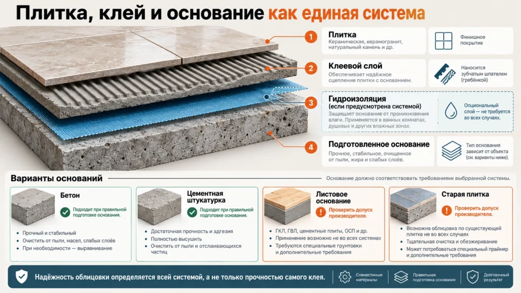 Слои плиточной облицовки и основание под клей