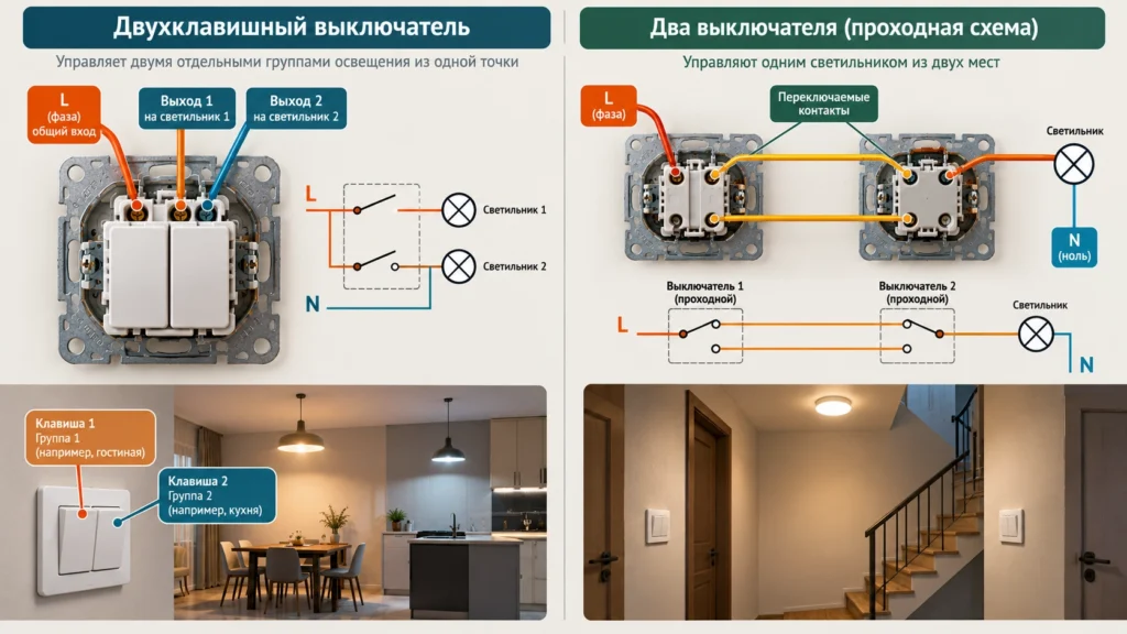 Отличие двухклавишного и проходного выключателя