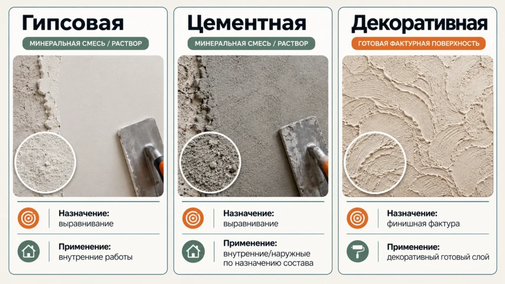 Сравнение гипсовой, цементной и декоративной штукатурки