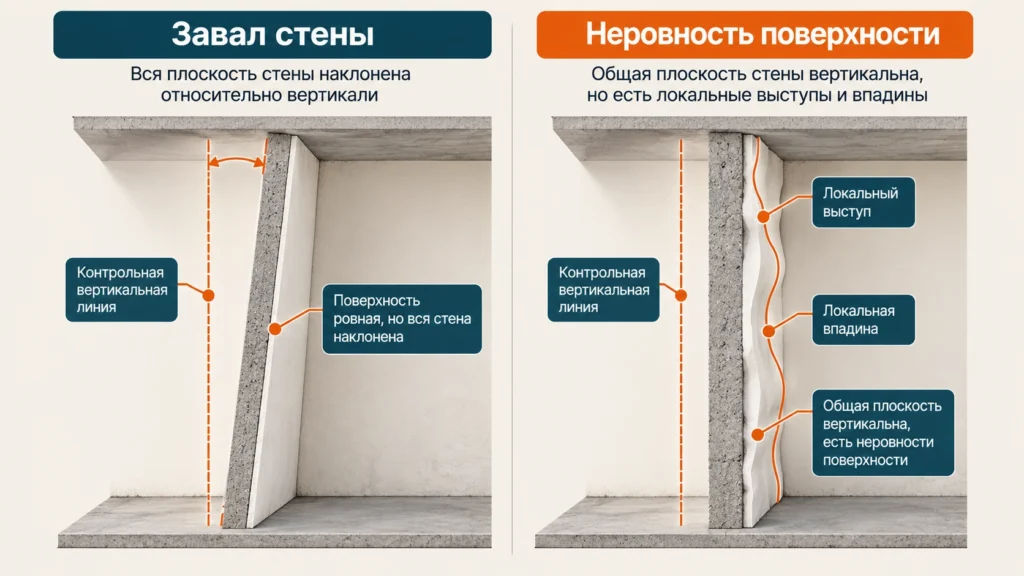 Разница между завалом стены и неровной поверхностью