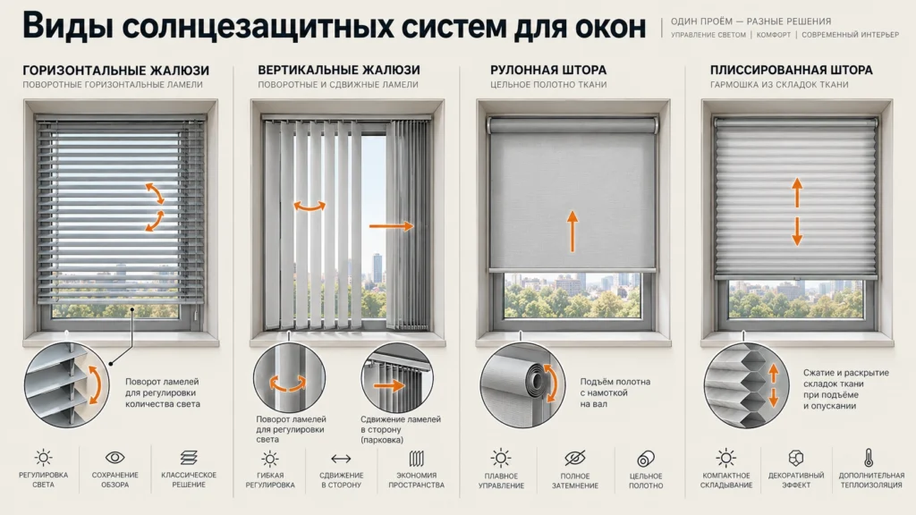 Горизонтальные, вертикальные, рулонные жалюзи и плиссе
