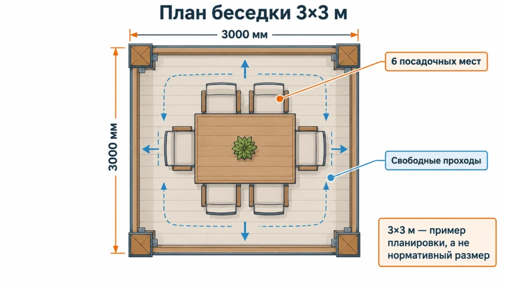 План беседки 3 на 3 метра со столом и шестью местами