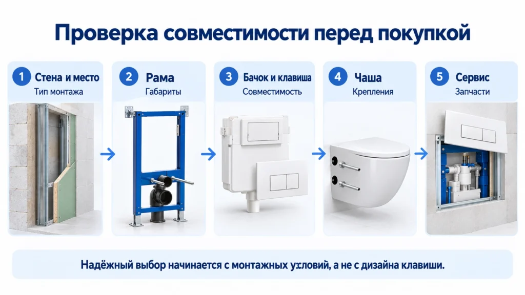 Проверка совместимости инсталляции, унитаза и клавиши смыва