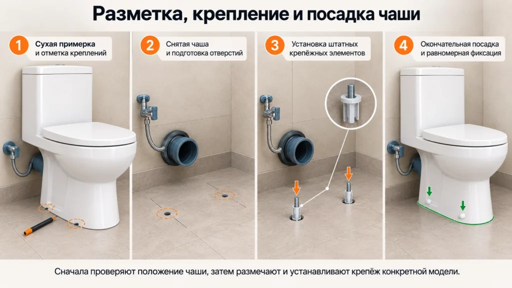 Последовательность крепления напольного унитаза к полу