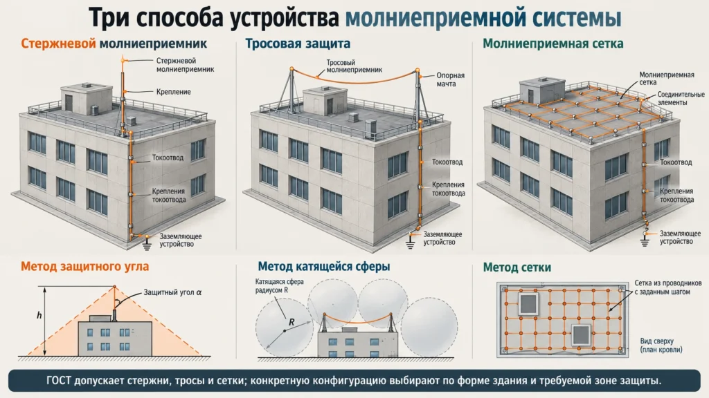 Стержневой, тросовый и сетчатый молниеприемники