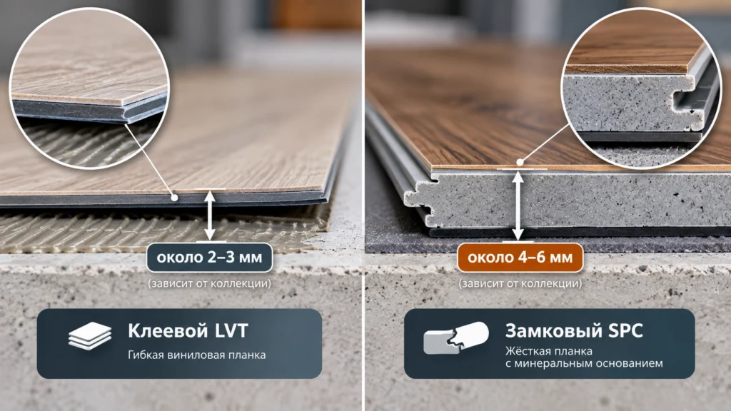 Толщина клеевого LVT и замкового SPC