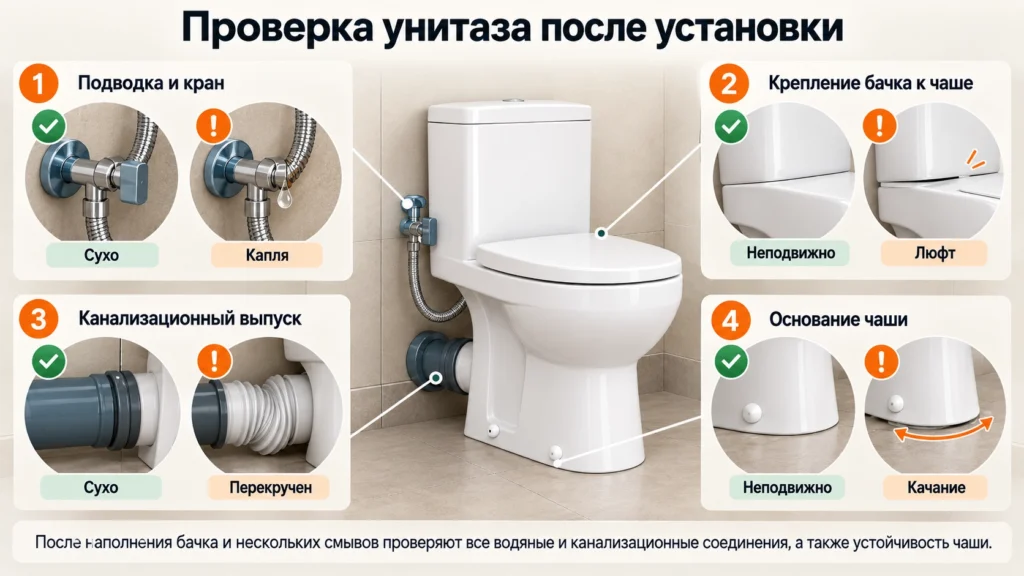 Проверка соединений унитаза после монтажа