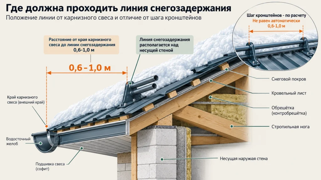 Схема размещения снегозадержателя относительно карниза и несущей стены