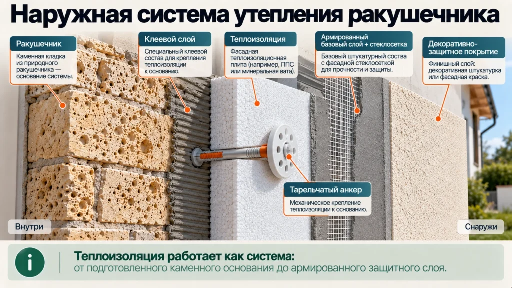 Схема наружного утепления стены из ракушечника
