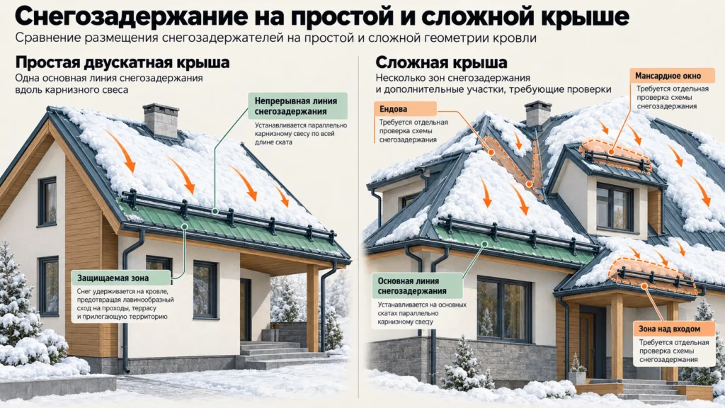 Схема размещения снегозадержателей на простой и сложной крыше
