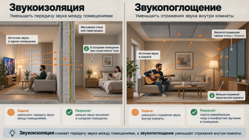 Отличие звукоизоляции от звукопоглощения