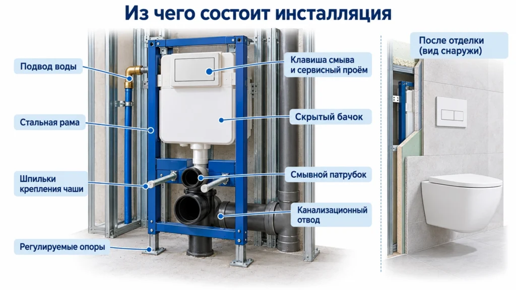 Основные элементы инсталляции для подвесного унитаза