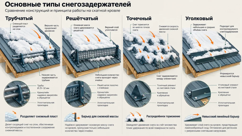 Трубчатые, решётчатые, точечные и уголковые снегозадержатели